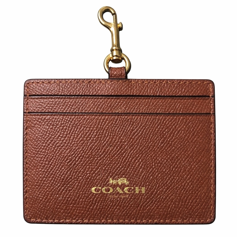 Coach Brown Pebbled Leather ID Holder with Gold Colored Clip